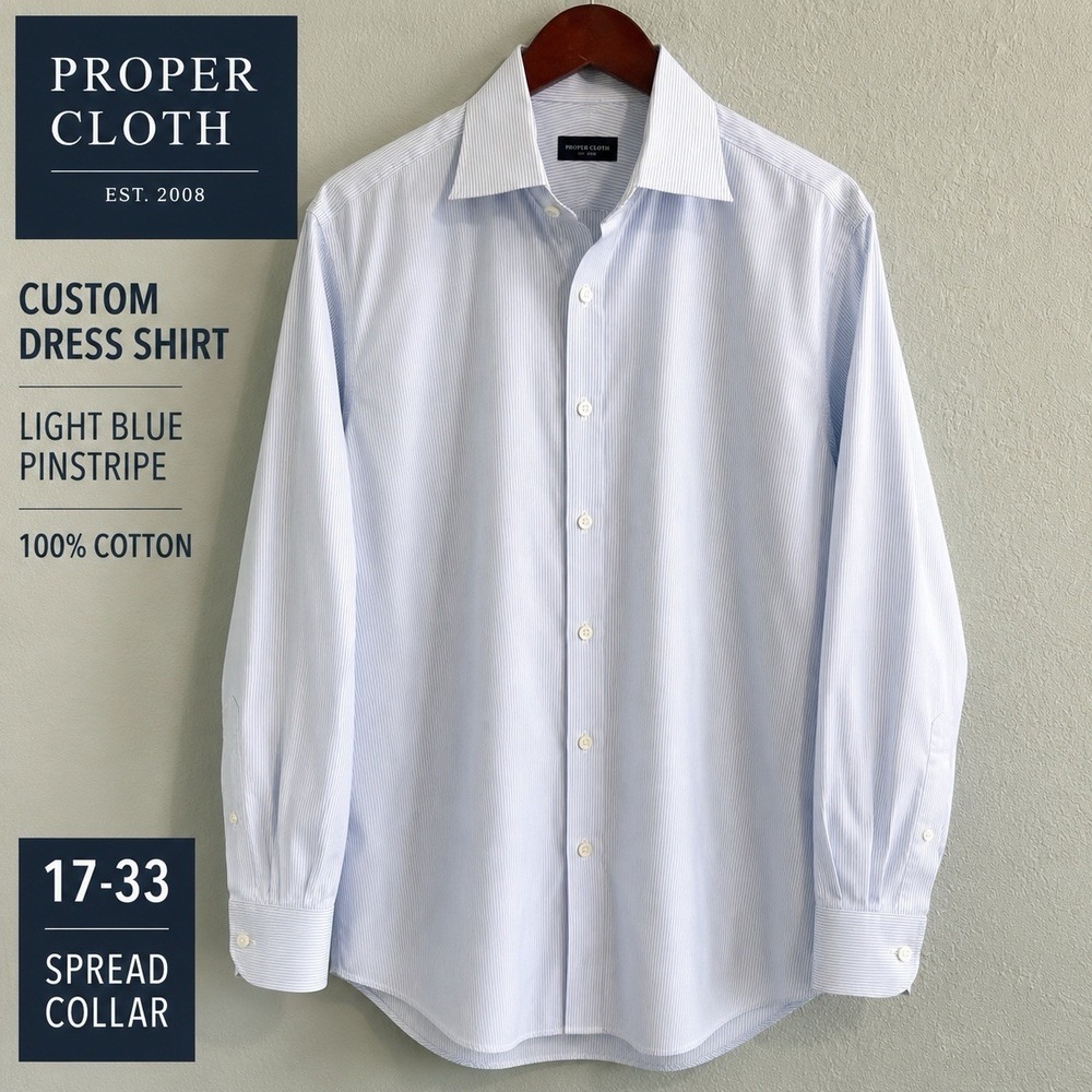 Proper Cloth Custom Dress Shirt 17 33 Light Blue Pinstripe 100% Cotton